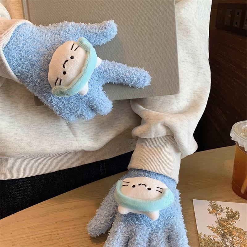 Cute Musical Kitten Cat Gloves Plush Coral Fleece Cold-Proof Gloves Student Winter Warmer Five-Finger Gloves Girl Christmas Gift