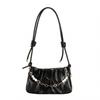 Women Shoulder Bag Faux Leather Chain Bead Decor Smooth Zipper Closure Pleated Adjustable Glossy Large Capacity Handbag