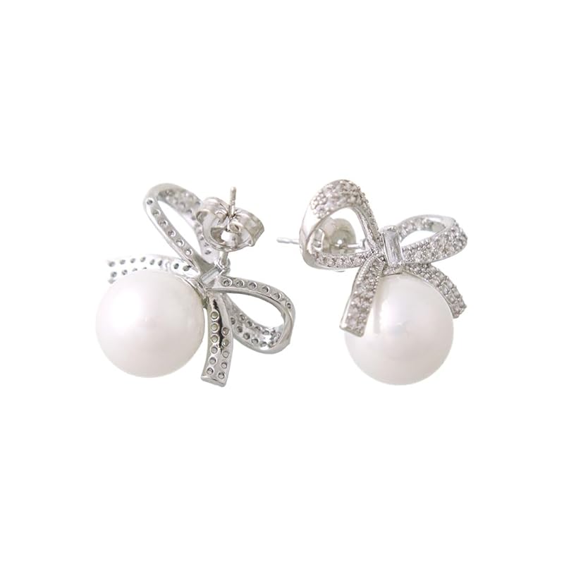 [Kobe Ventaine] VINGTAINE earrings ribbon pearl sparkle Gorgeous asymmetry accessories simple ladies P5257-S- silver
