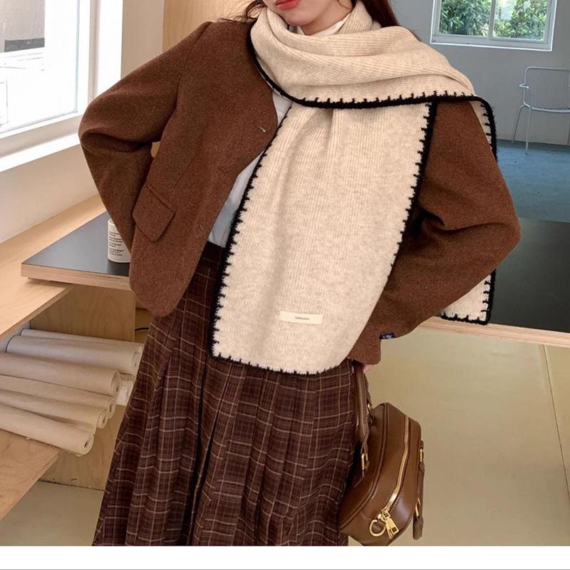 Blended small fragrant wind solid color knitted wool scarf female winter student versatile warm senior scarf