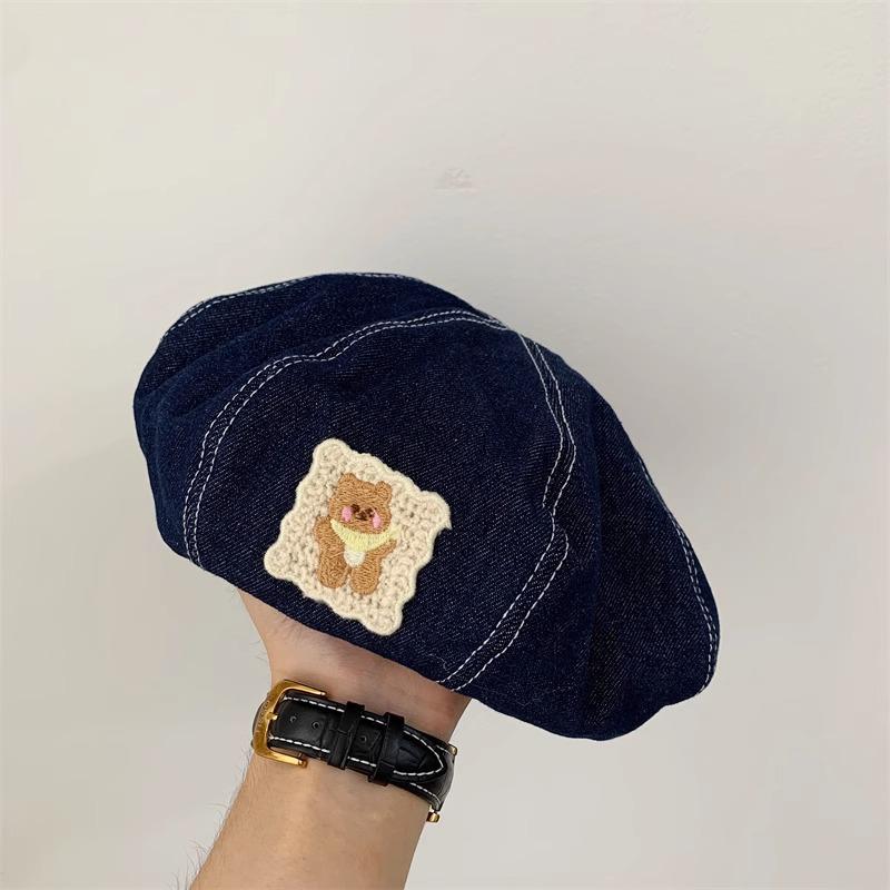 Bear Sticker~ New Denim Beret Women's Summer Thin Breathable Retro Sweet Versatile Fashion Painter Hat