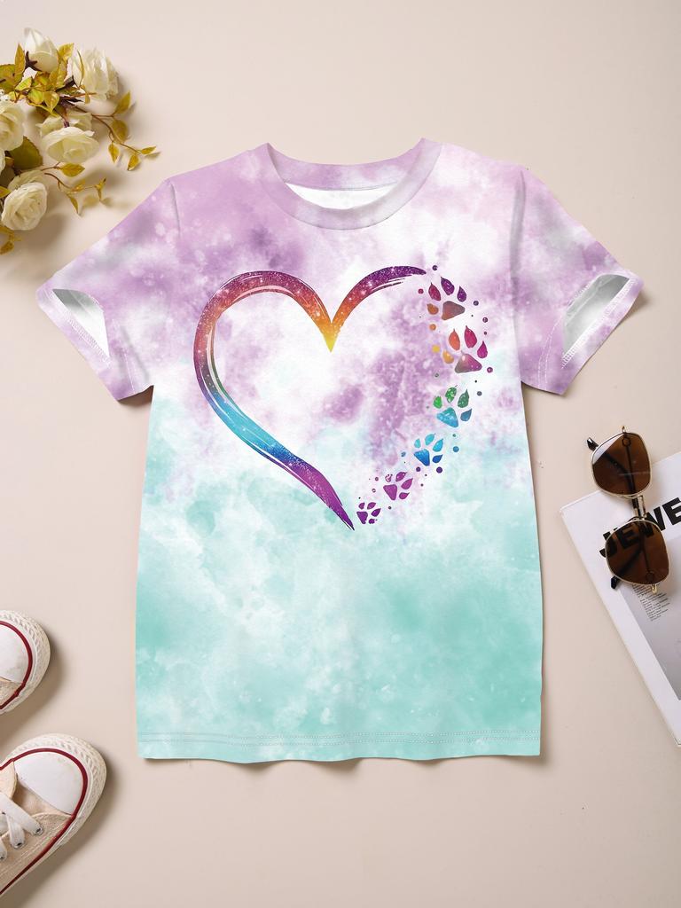 Roupas infantis Menina Camiseta Manga curta 3D Tie-Dye Print Crianças Roupas de verão Casual Desenho animado Gola redonda Roupas infantis Tops