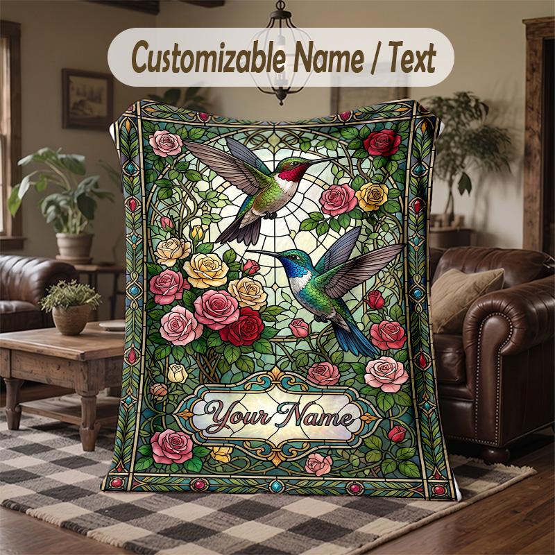 Hummingbirds Flowers Theme Throw Blanket Custom Name Text Personalized Blanket Soft Cozy Blanket for Home Sofa Bed