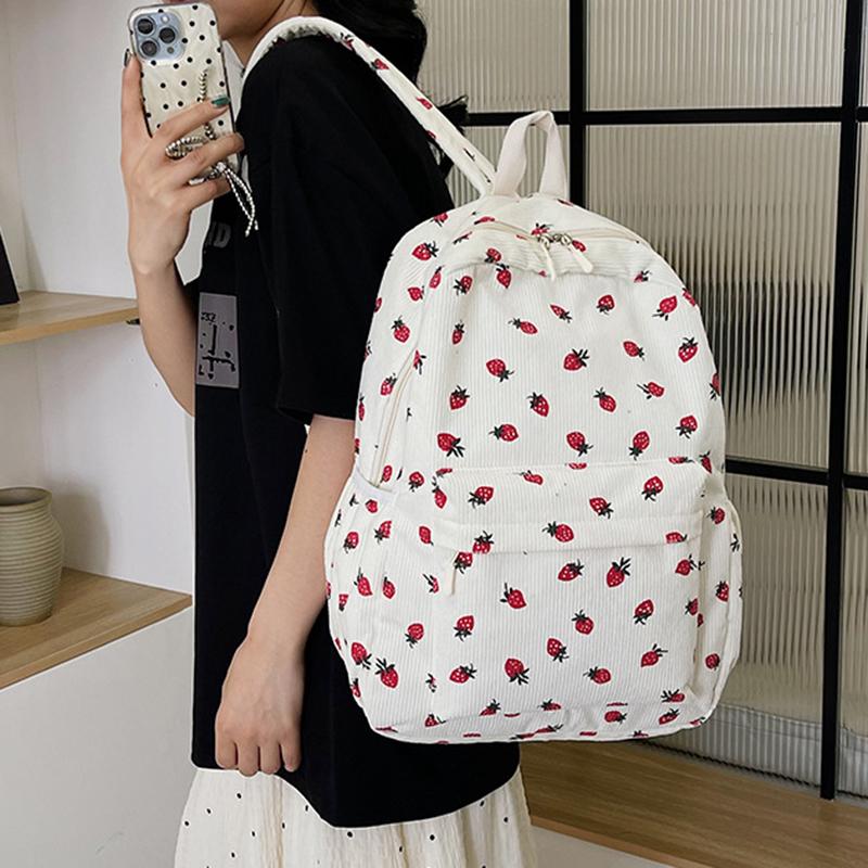 Corduroy Strawberry Backpack Casual Travel Backpack Large Capacity Fashion Teenagers Daypack Adjustable Strap for Outdoor Travel KTY