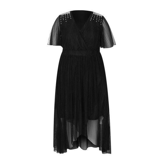 

Plus Size Women Dress V-Neck Short Sleeve Elastic High Waist Flowy Hem XL чёрный