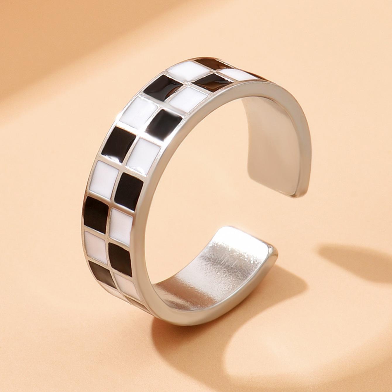 Checkerboard Black  White Enamel Titanium Steel Ring - Retro Women s Fashion Accessory