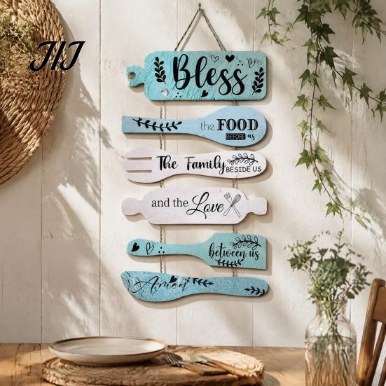 Distressed Kitchen Wall Art Rustic Wooden Hanging Sign for Decor, Cutlery Design Dining Room with Inspirational Family Slogan & Lanyard Farmhouse Home