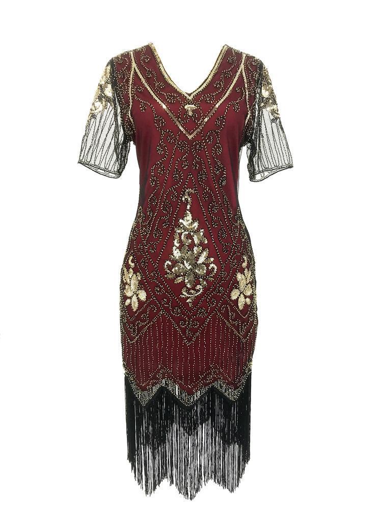 European & American 1920s Vintage Sequin Beaded Tassel Plus Size Evening Party Dress