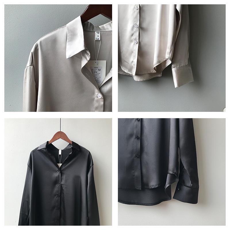 Women Fashion Long Sleeves Satin Blouse Vintage Button Down Lapel Neck Street Shirts Elegant OL Silk Tops
