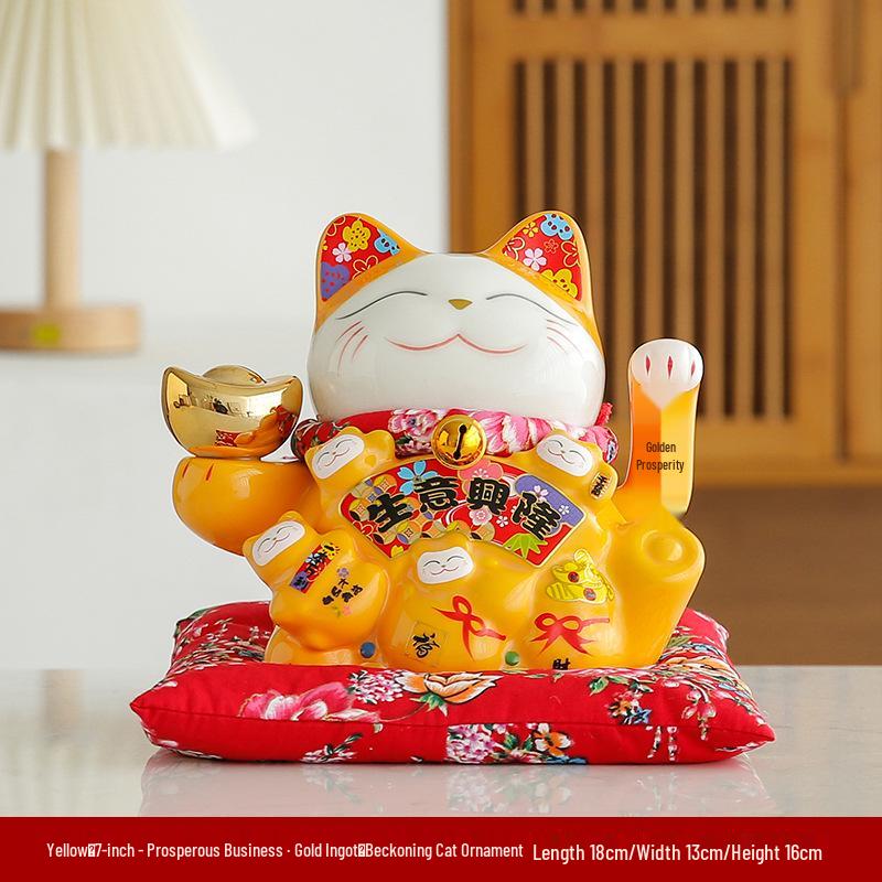 Electric Waving Lucky Cat Ceramic Ornament for Home, Living Room, Shop, or Cashier Desk.