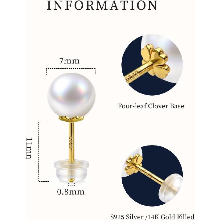 Pearl Stud Earrings,Real Pearl Earrings Gift For Birthday Anniversary | 14K Gold Plated S925 Silver Post AAAA+ Freshwater 8mm Pearl,Hypoallergenic