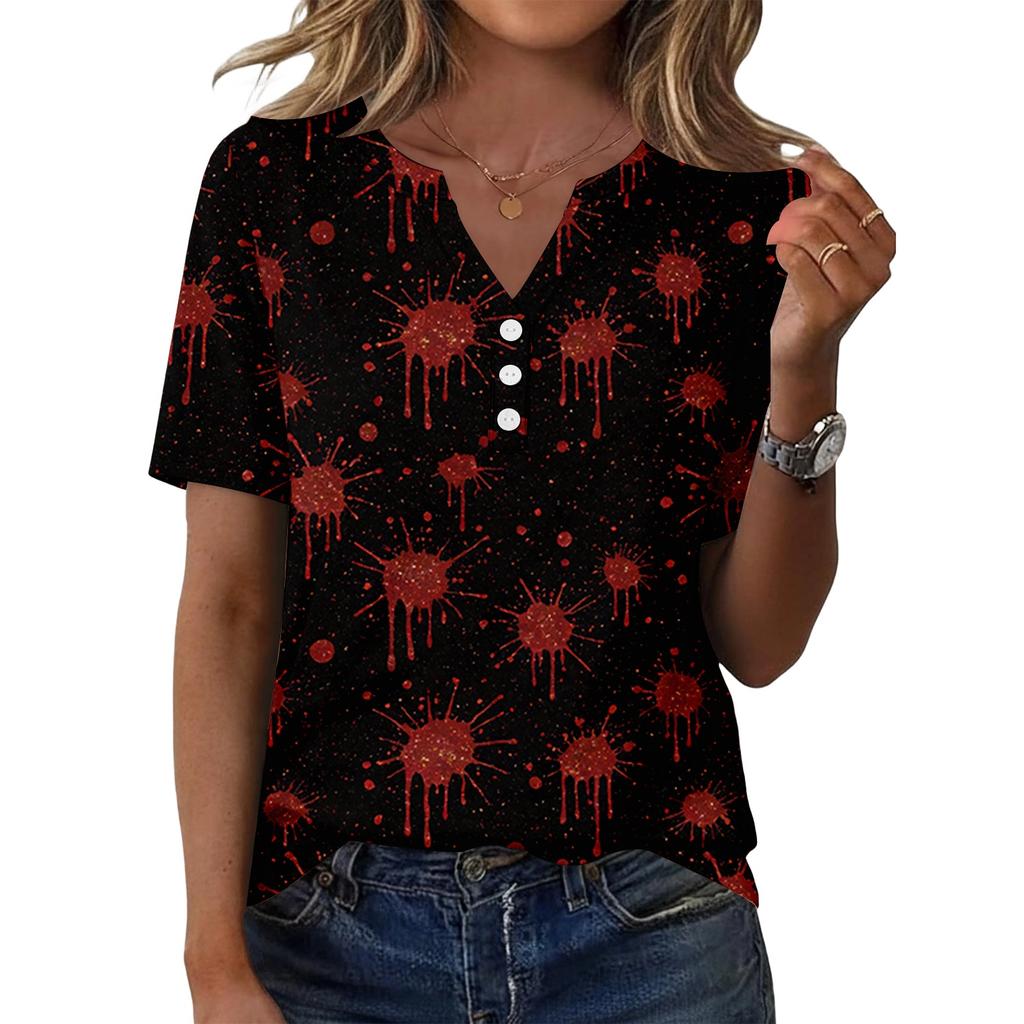 Women's Casual V Neck Short Sleeve Button T Shirt Halloween Print Top Relaxed Fit Lightweight Soft Fabric