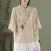 Women S Ethnic Style Cotton Linen Shirt Loose Fit Stand Collar Embroidered Blouse