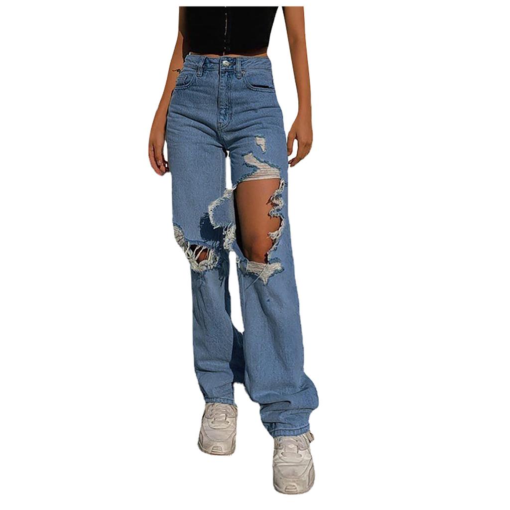 Casual Washed Frayed Hole Denim Pants 