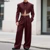 INCERUN Men Striped Outfits Stand Neck Long Sleeve Crop Tops Zip-Up High Waist Long Pants Sets