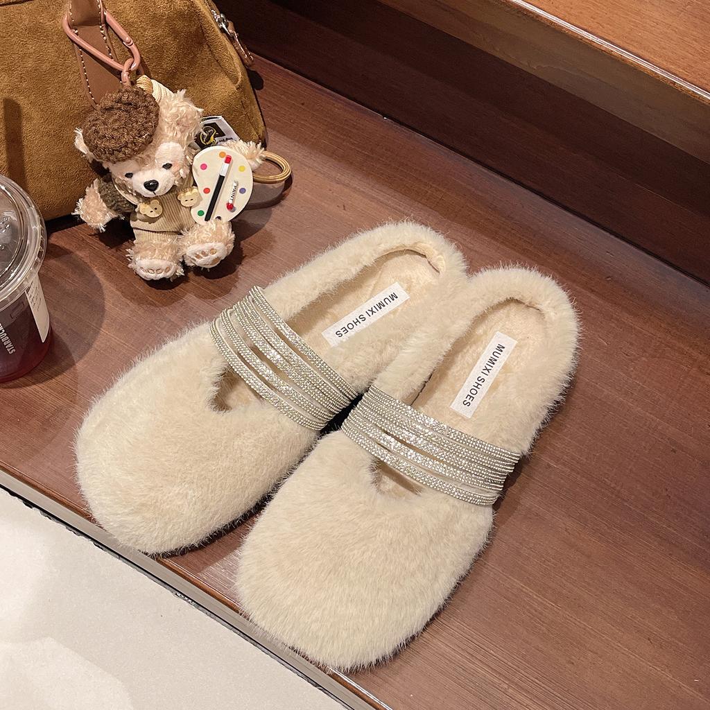 [Fanfuna] Rhinestone fluffy half-slippers women's autumn and winter outer wear advanced velvet 2025 new cotton slippers