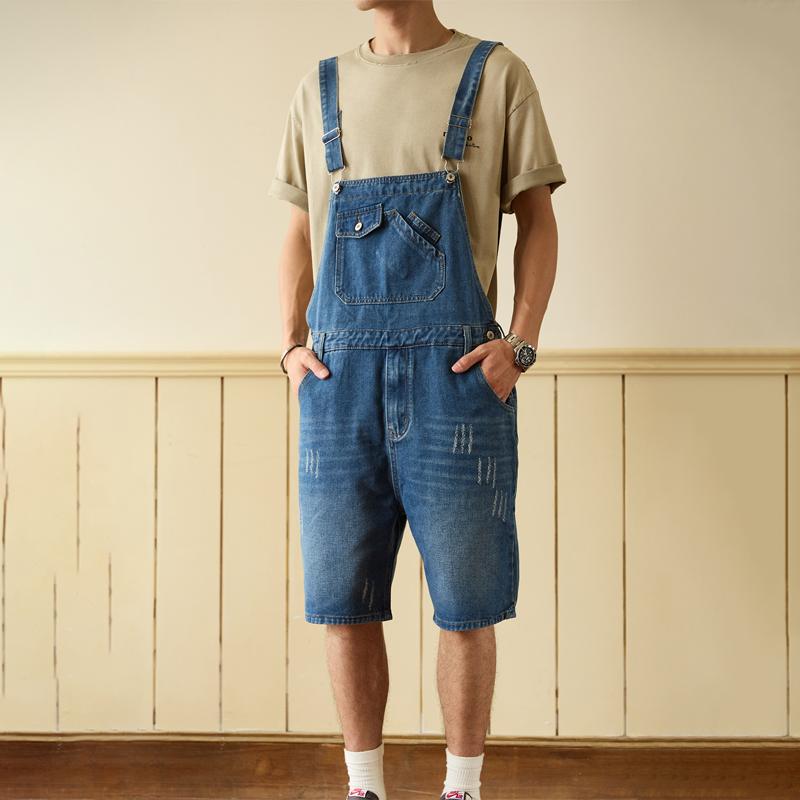 Men s Denim Suspenders Shorts Summer One-Piece Denim Overalls Men s Shorts Five-point Denim shorts Slim Overalls Denim Shorts M синий