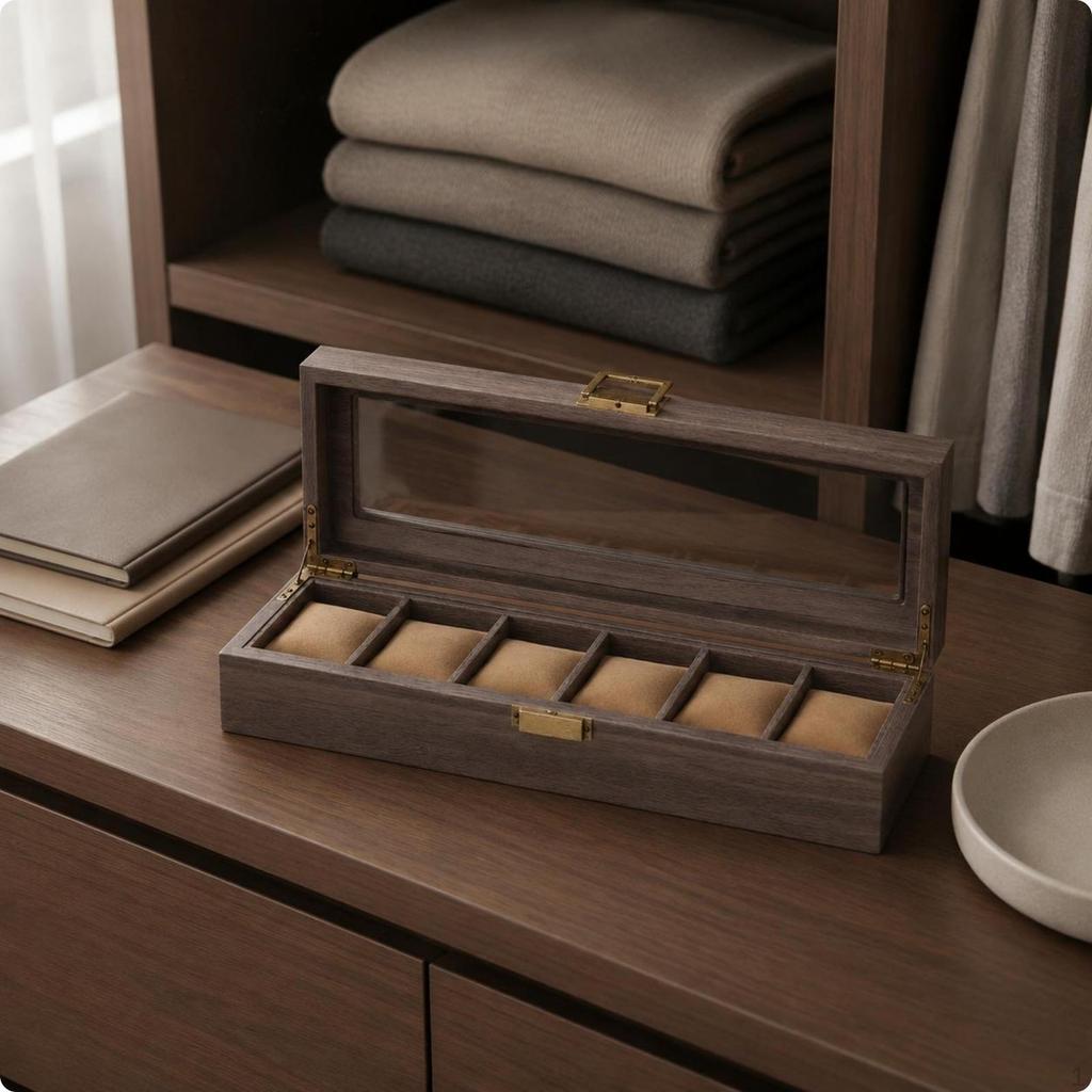 6 Slot Watch Box Padded Compartments Glass Lid Display Case Clear Window Timepiece Organizer