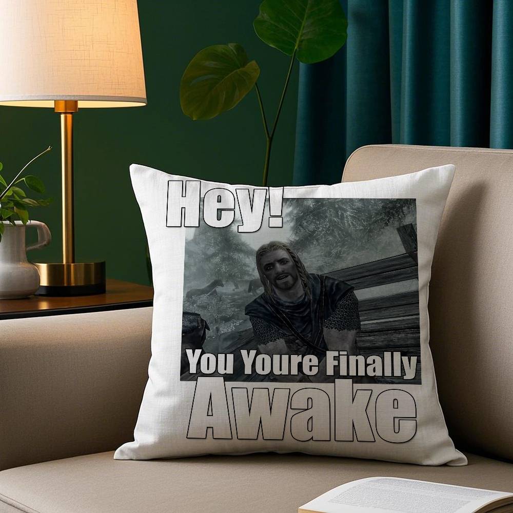 Hey Du Du bist endlich aufgewacht Skyrim Meme Kissenbezug Gemütlicher Plüsch-Kissenbezug Beidseitig bedruckt – Wohngeschenk für Schlafzimmerdeko