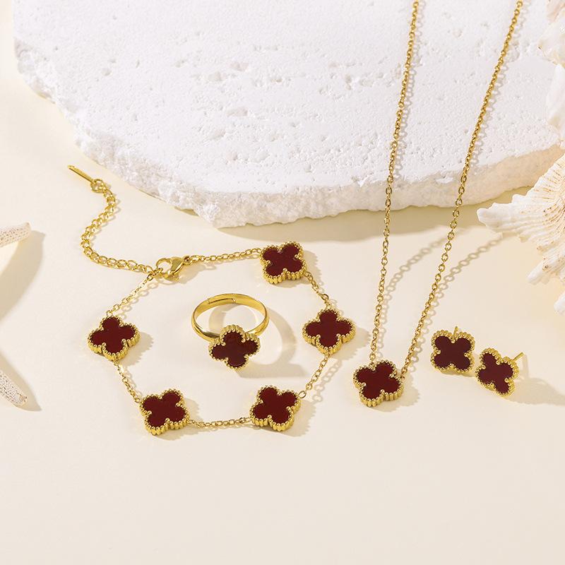 4PCS 13MM Double-Sided Mother-of-Pearl Lucky Four-Leaf Clover Bracelet, Earrings and Ring Four-Piece Women's Jewelry Set
