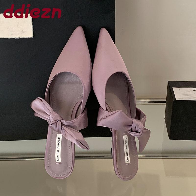 Fashion Fashion Butterfly-Knot Ladies Heeled Pumps Shoes Female Pointed Toe Low Heel Footwear Shallow Slides Shoes For Women Mules Lady