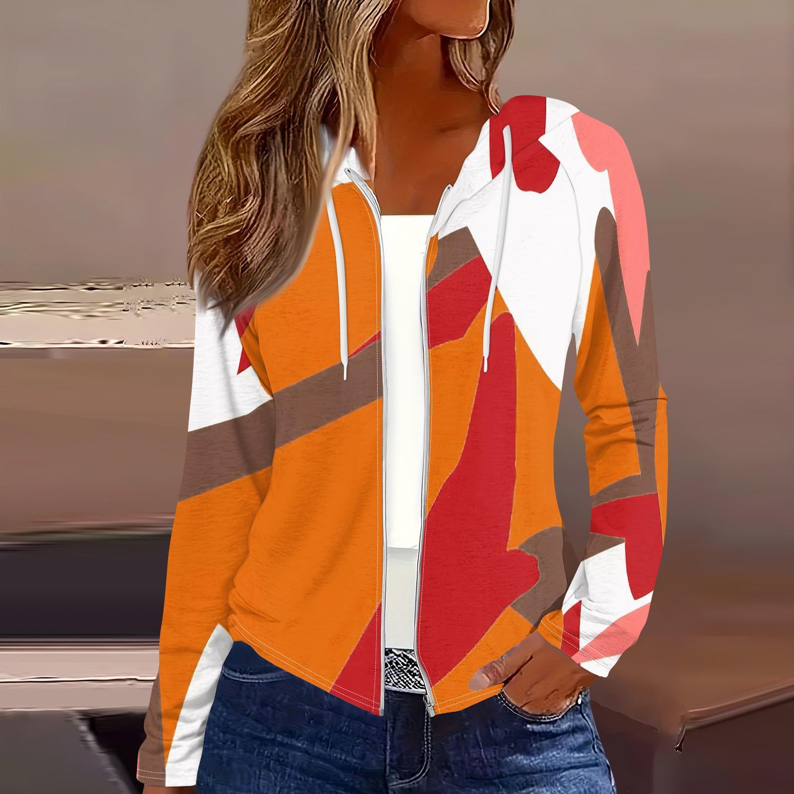 Женская мода повседневная застежка-молния с капюшоном и принтом с длинным рукавом толстовки пальто L оранжевый 2130₽