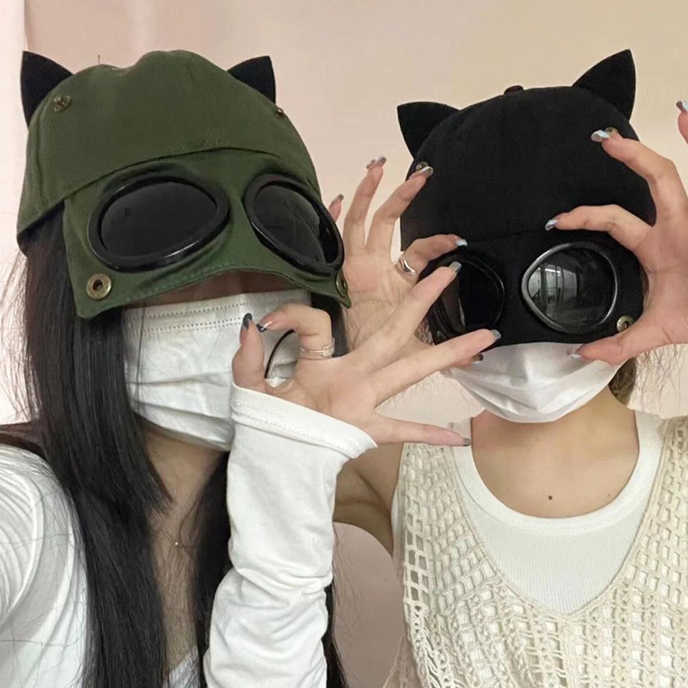 Cute Cat Ears Baseball Cap For Women Men Funny Sunglasses Aviator Snapback Sun Hat Unisex Solid Color Hip Hop Peaked Hats
