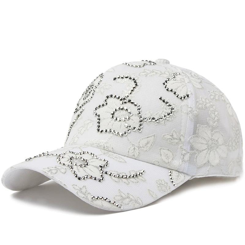 Damen Baseballkappe Blumenmuster Strass Spitze Atmungsaktiv Sonnenschutz Gebogener Schirm Modekappe Street Dance Party Lässig Neu
