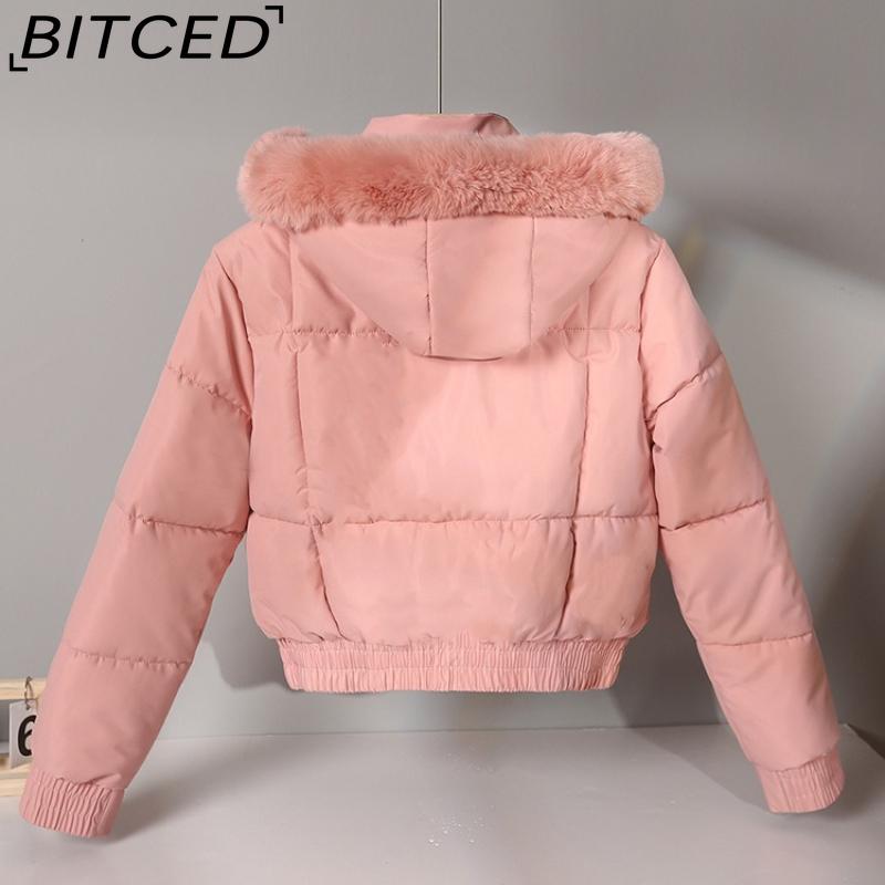 BITCED Women's Short-Length Puffer Coat Winter Fleece-Lined Thickened Cotton Jacket with Large Fur Collar Bread-Style Outerwear