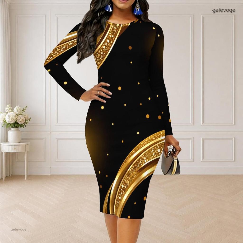 Women Plus Size Round Neck Long Sleeve Black Printed Bodycon Midi Dress