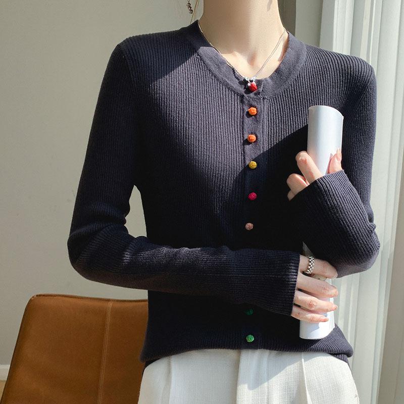 Autumn Winter Warm Jacket Casual Knit Basic Top Women's Wool Sweater Round Collar Colorful Buckles Slim Fit Cardigan with Slim Fit