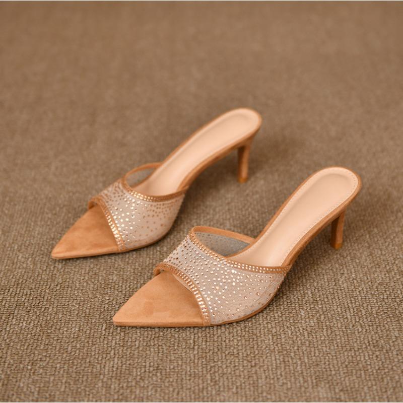 

Pointed rhinestone cool slippers women s summer thin heel open-toed fish mouth high-heeled slippers women s wear advanced sense 34 светло-коричневого