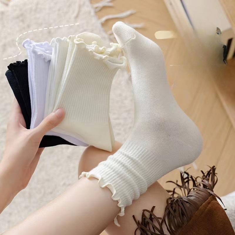 5 Pairs of White Lace Socks for Women In Summer, Mid-calf Black Ear-edge Women's Socks, School Style, Versatile Jk Pile Socks