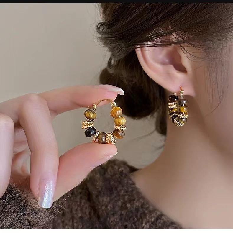 Tiger's eye geometric round earrings Maillard style stud earrings niche design earrings