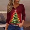 Women's Fashion Casual Christmas Tree Print V-Neck Decorative Button Three-Quarter Sleeve T-Shirt Top