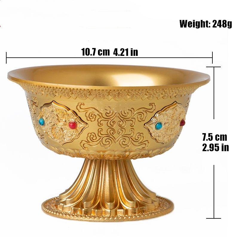 

Tibetan Embossed Buddha Bowl Handicraft Inlaid Gem Zinc Alloy Gold Holy Water Cup Tantric Bowl Indoor Altars Desktop Decorative 10.7 cm золотий