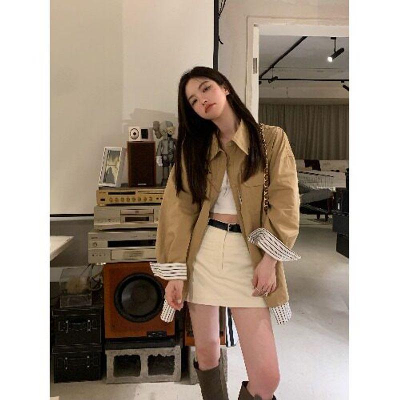 Retro Japanese Spring & Fall Niche Style Fake Two-Piece Casual Shirt Khaki S