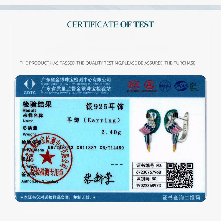 925 Sterling Silver Earrings Zircon Colorful Parrot Earrings Elegant Temperament Women's Jewelry