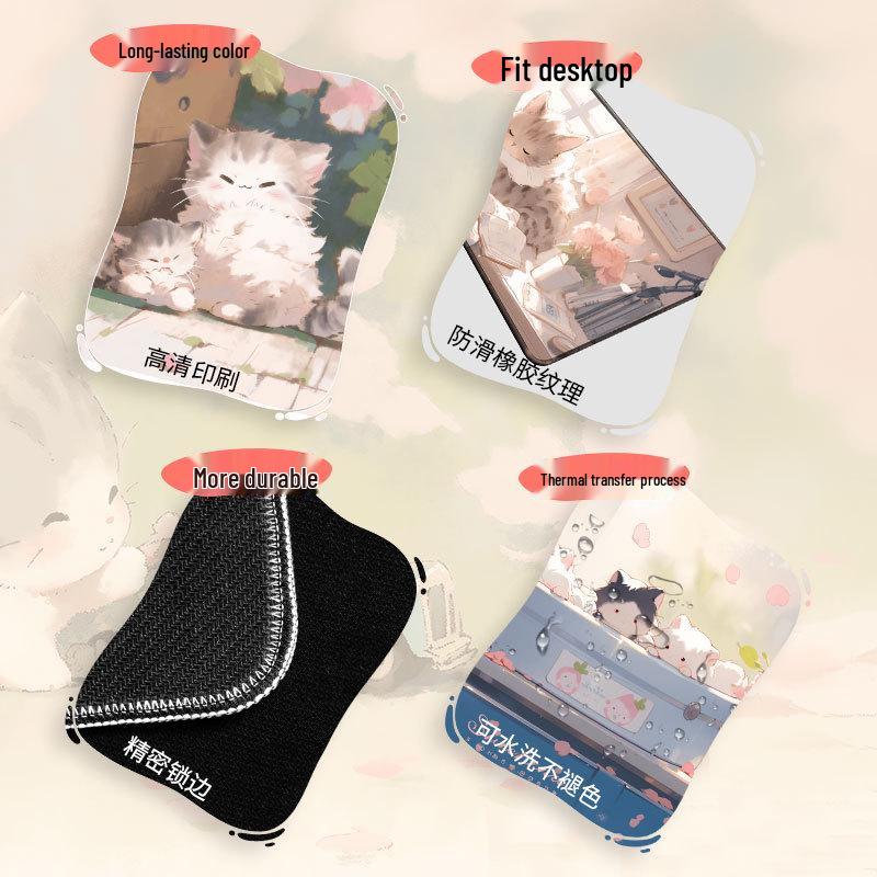 Extra Large Cute Cat Cartoon Mouse Pad with Stitched Edges - Aesthetic Desk Mat for Girls