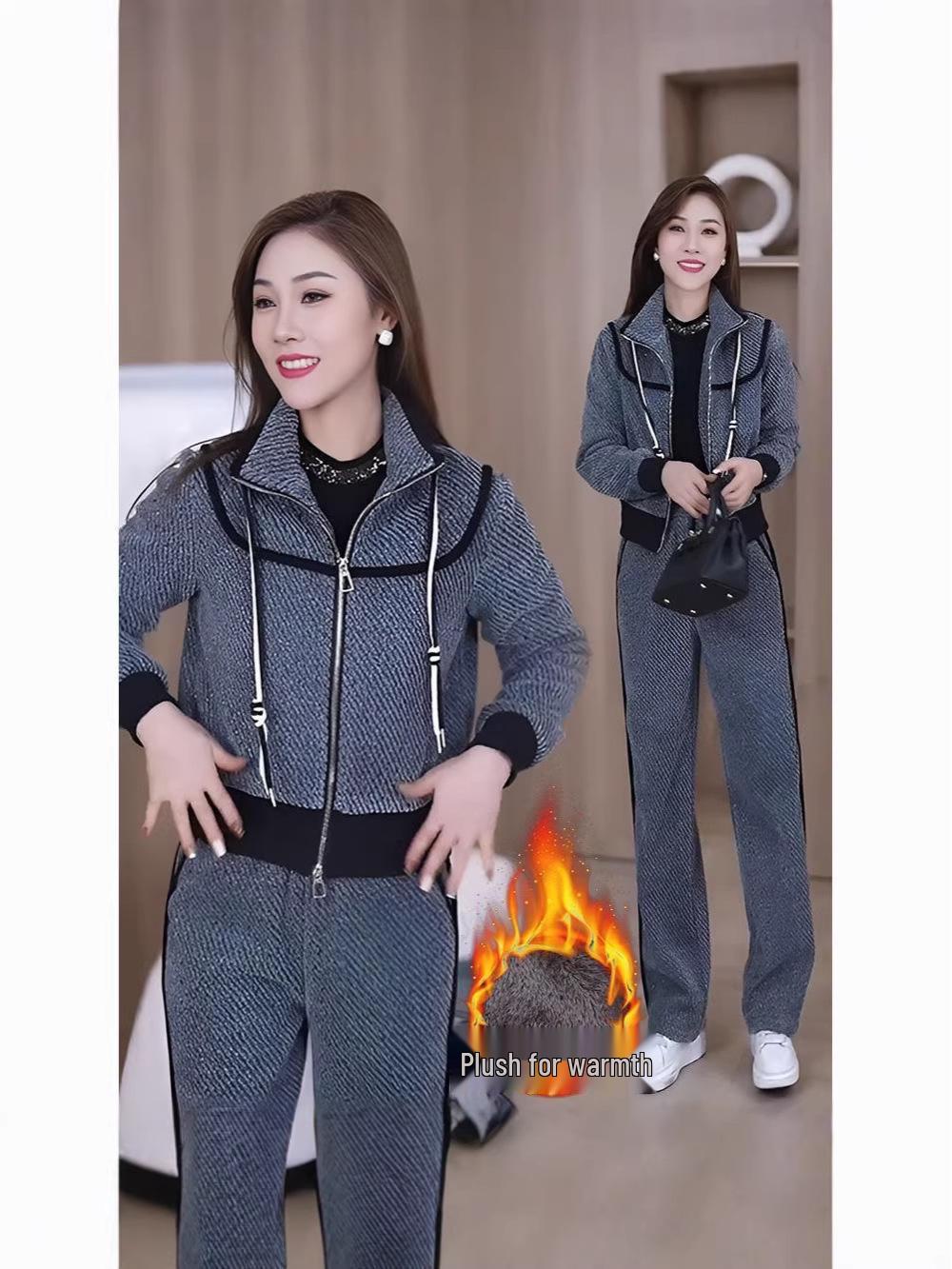 Women s Winter 2025 Velvet Chenille Patchwork Suit with Stand Collar & Wide-Leg Pants XXXL