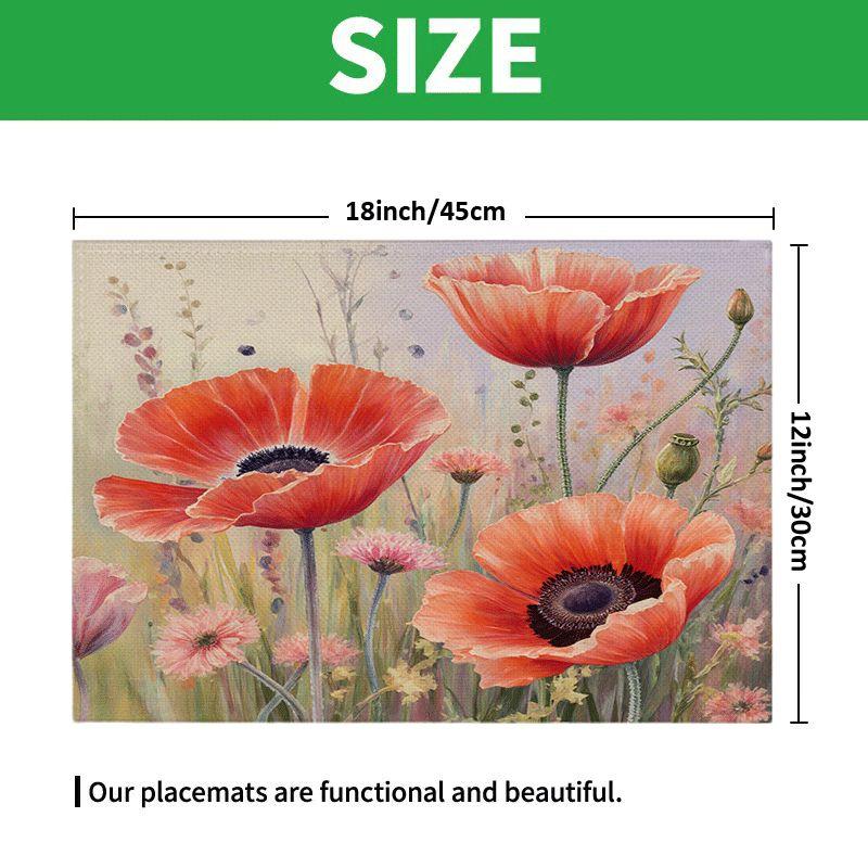 4/6pcs Rectangular Placemats - 12X18 Inch Countryside Poppy Heat-Resistant Placemats with 2D Element Design, Durable And Washable Polyester Tableware