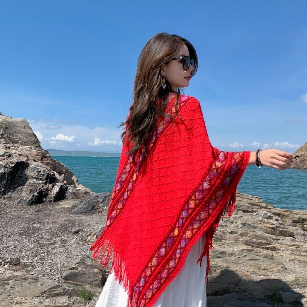 Stripe Knitted Cape Printing Tassel Scarves Elegant Imitation Cashmere Shawl Women