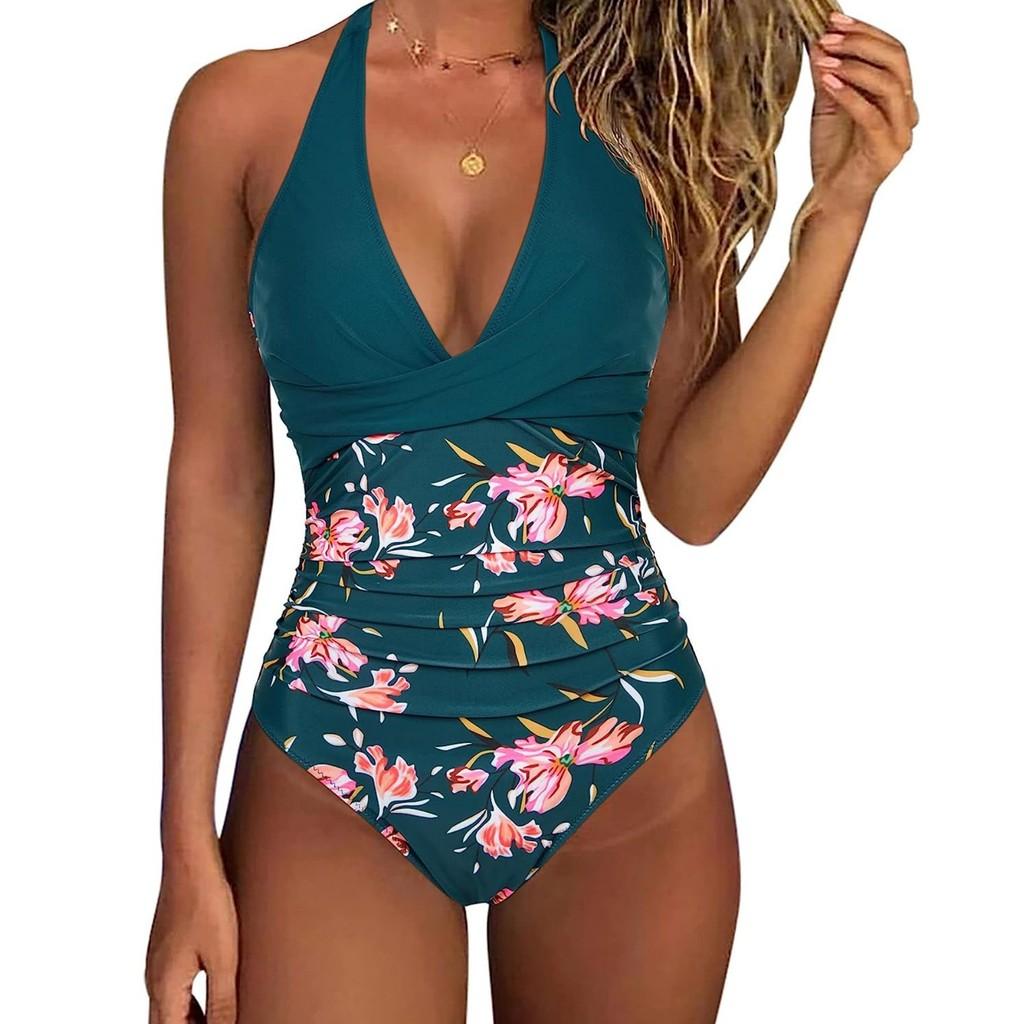 Swimsuit Women One Piece With Cross Color Block Polyester For Water Sports And Beach Relaxation
