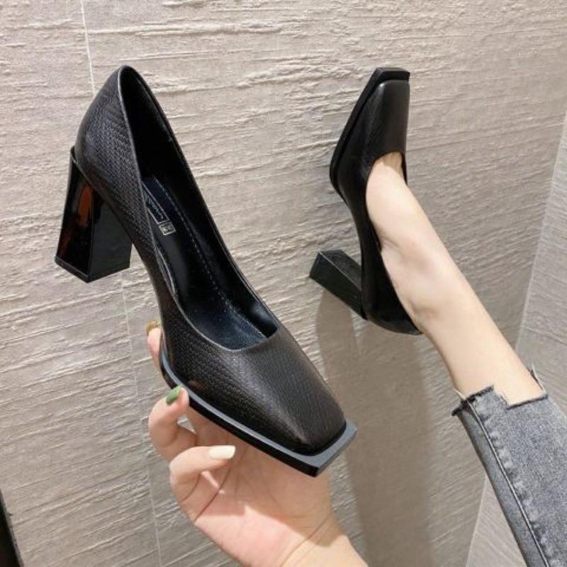 Silver High Heels Korean Design Sensation Shallow Mouth Chunky Heel Square Head Women's Shoes Versatile Business Casual Summer