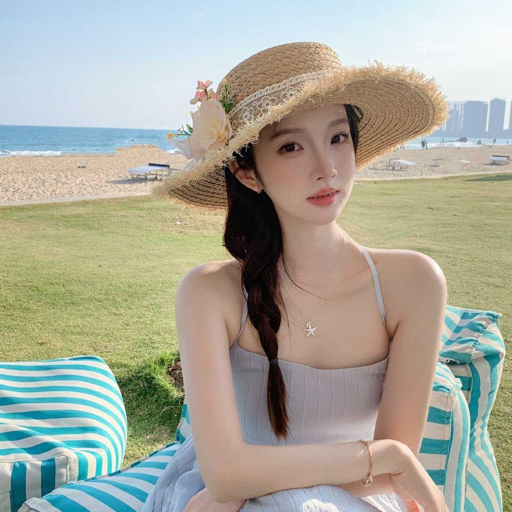 Tassel Edge Weave Flat Cap Wide Brim Women's Sun Hats Casual Lace Flower Straw Hat  Holiday