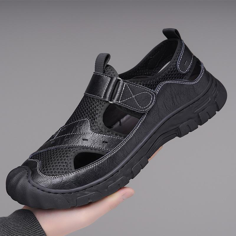 

Fashion Summer New Designer Mesh Casual Beach Shoes for Men Breathable Soft Leather Sandals Man Fashion Soft Sole Solid Color Shoes Man 38 чёрный