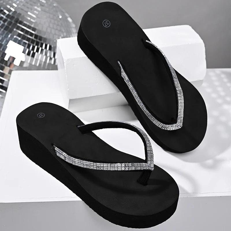 Fashion Plus Size Fashion Wedge Flip Flops for Women Crystal Clip Toe Platform Slippers Woman Summer Thick Sole Non Slip Beach Sandals