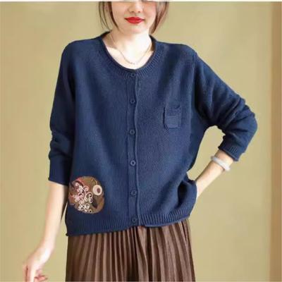 Woman Autumn Vintage O-Neck Long Sleeves Niche Sweater Embroidery Chinese Style Solid Color Casual Sweater