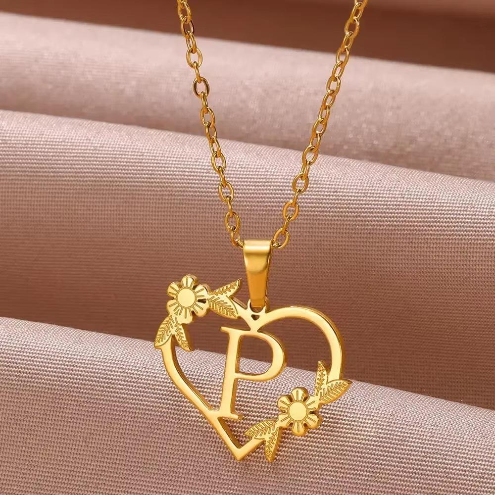 New English Alphabet Heart Pendant Gold Flower Premium Titanium Steel Gold Plated Necklace Clavicle Chain Fresh Woman