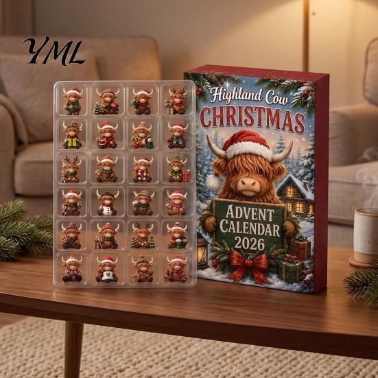 Kids Christmas Countdown Toy 2026 Highland Cow Advent Calendar, 24-Day Acrylic Ornament Set with Surprise Gift Boxes Mini Figures, Tree Hanging Decor,